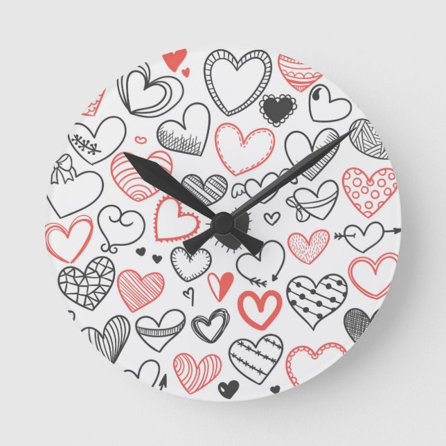 Reloj Redondo Mediano Valentine doodle hearts red and black hipster (Anverso)