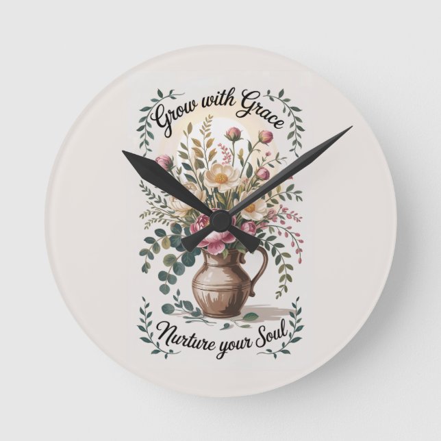 Reloj Redondo Mediano Vase con Florals Crecer con Grace Quote (Anverso)