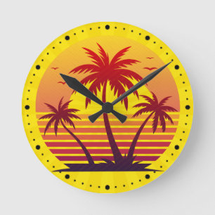 Reloj Redondo Mediano Vector Atardecer con Palmeras