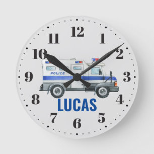 Reloj Redondo Mediano Vehículos de policía Niños Dormitorios Decoración