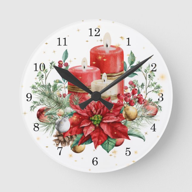 Reloj Redondo Mediano Velas de pilar, poinsettia y Navidades Botánicos (Anverso)