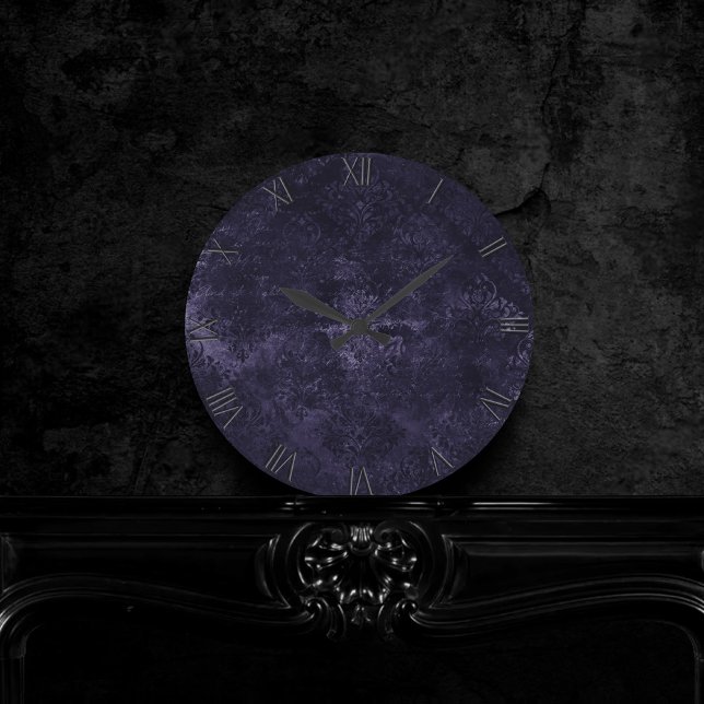 Reloj Redondo Mediano Velvety Midnight Damask | Grunge índigo morado (Subido por el creador)