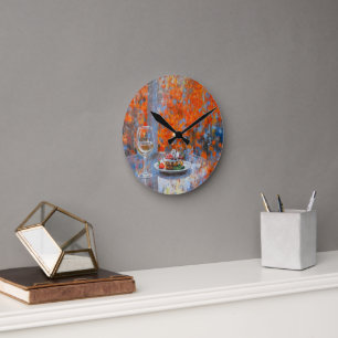 Reloj Redondo Mediano Ventana de Otoño con Vino y Postre