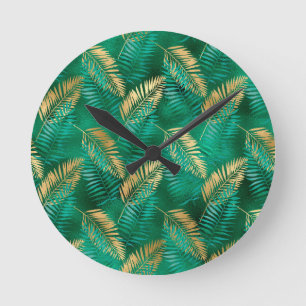 Reloj Redondo Mediano Verde Esmeralda Natural Palma Hoja Brillante Dorad