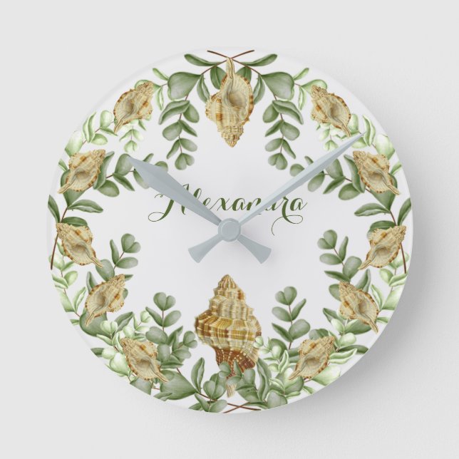 Reloj Redondo Mediano Verdor conchas náuticas de conchas marinas costa (Anverso)
