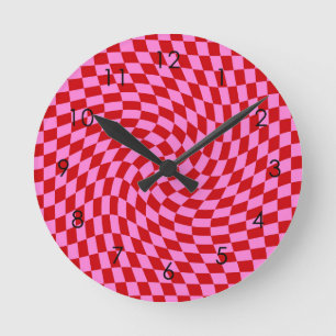 Reloj Redondo Mediano Verificaciones rojas retro retorcidas de rosado ve