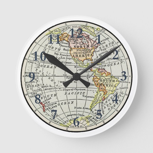 Reloj Redondo Mediano Viajes en globo del mapa del hemisferio occidental (Anverso)
