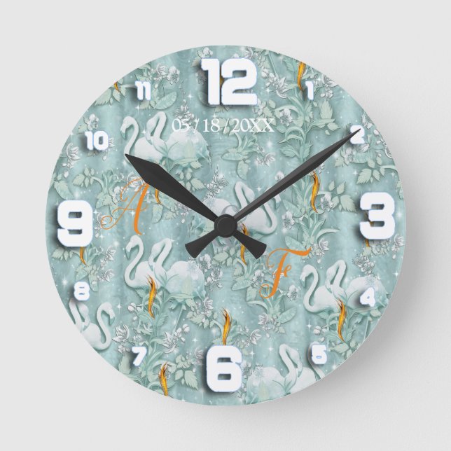 Reloj Redondo Mediano Vías verdes de seda y flores flamencos (Anverso)