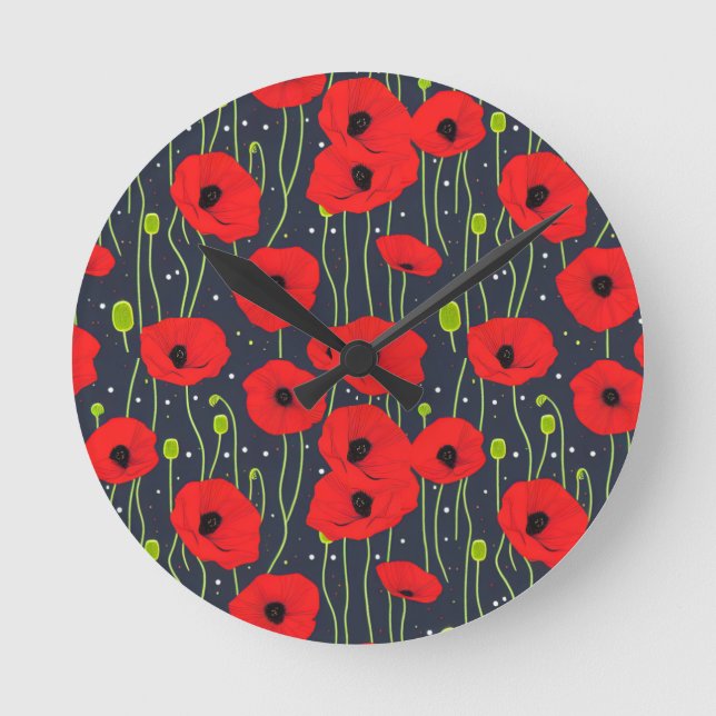 Reloj Redondo Mediano Vibrant Modern Red Poppies Pattern Art (Anverso)