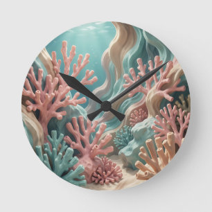 Reloj Redondo Mediano Vibrante arrecife de coral rosa y turquesa bajo el