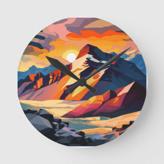 Reloj Redondo Mediano Vibrante cumbre: Una montaña nevada al atardecer.