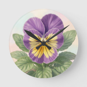 Reloj Redondo Mediano Vibrante Flor de Pensamiento Amarillo Púrpura Botá