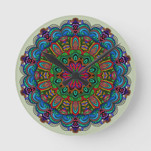 Reloj Redondo Mediano Vibrante patrón floral y geométrico de mandala