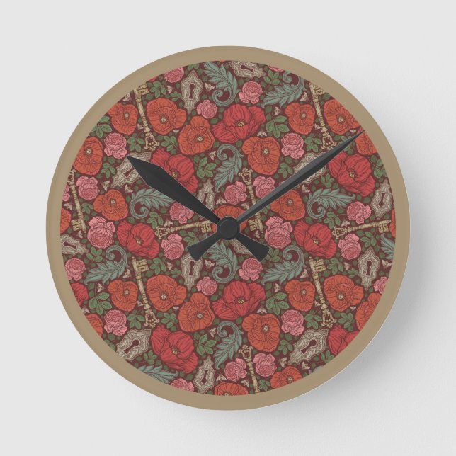 Reloj Redondo Mediano Victorian Steampunk Old Lock Key Red Poppies (Anverso)