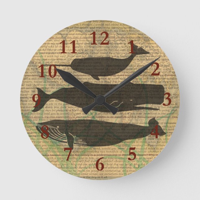 Reloj Redondo Mediano Vida marina náutica de ballena antigua (Anverso)