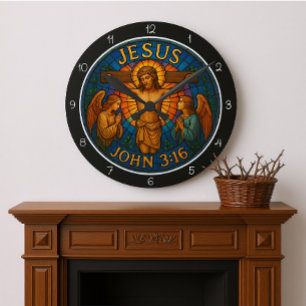Reloj Redondo Mediano Vidrio de colores Jesús Juan 3:16