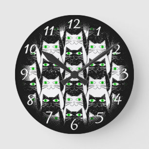 Reloj Redondo Mediano Vieja impresión de gatos negros y blancos