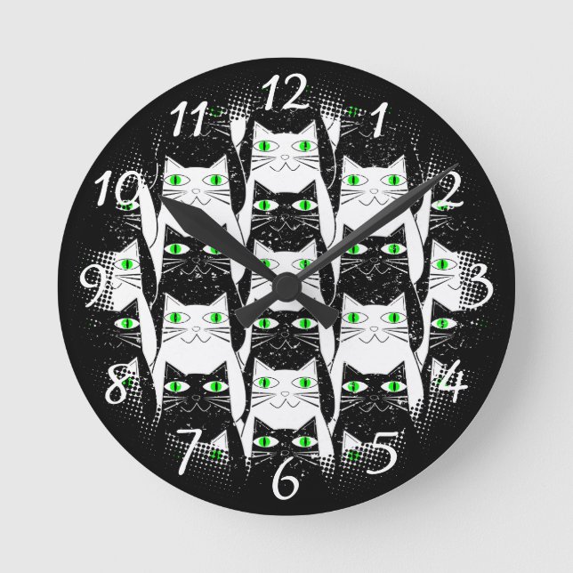 Reloj Redondo Mediano Vieja impresión de gatos negros y blancos (Anverso)