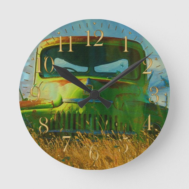 Reloj Redondo Mediano Viejo Camión y Campo de Granja Verde (Anverso)