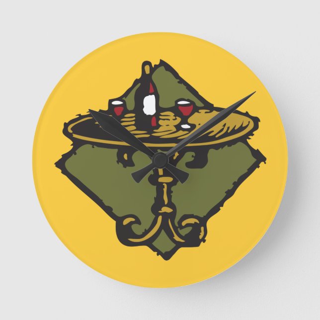 Reloj Redondo Mediano Viejo Mundo, estilo del grabar en madera, (Anverso)