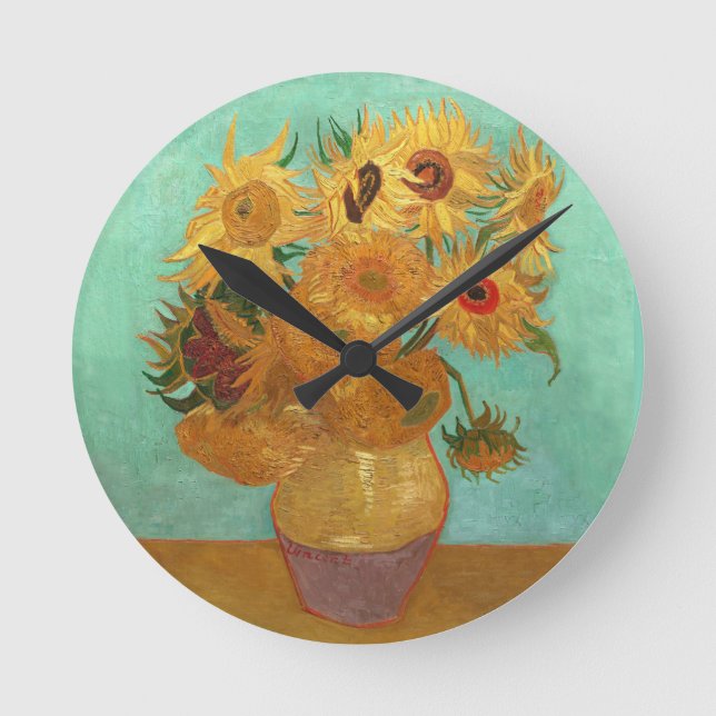 Reloj Redondo Mediano Vincent Van Gogh Doce Girasoles En Una Base (Anverso)