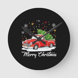 Reloj Redondo Mediano Vintage Feliz Navidad Camión Rojo Santa Árbol Fami
