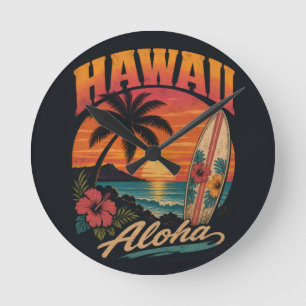 Reloj Redondo Mediano Vintage Hawaiian Sunset Palms Surfboard Aloha