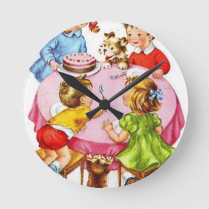 Reloj Redondo Mediano Vintage Retro Children's Birthday Party Dog Kitten