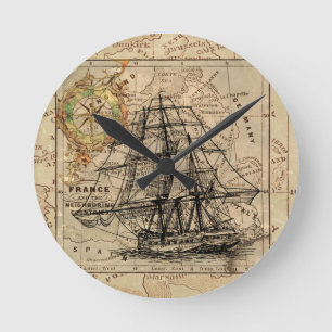 Reloj Redondo Mediano Vintage Vailing Ship and Old European Map