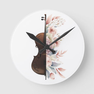 Reloj Redondo Mediano Violín con flores.