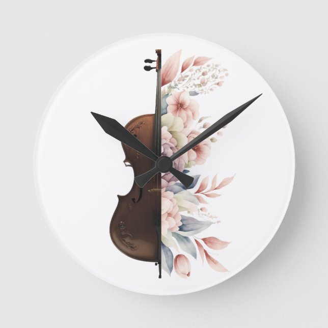 Reloj Redondo Mediano Violín con flores. (Anverso)