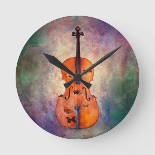Reloj Redondo Mediano Violoncelo mágico con las mariposas