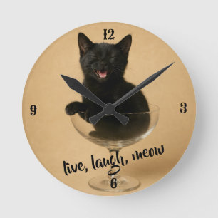 Reloj Redondo Mediano Vive, ríe, miau - Gato Divertido