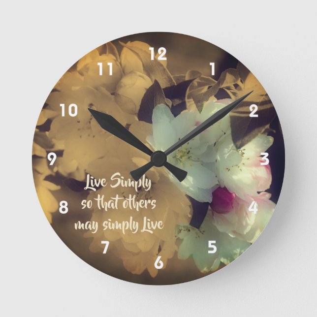 Reloj Redondo Mediano Vivir simplemente florece palabras Inspiradoras (Anverso)