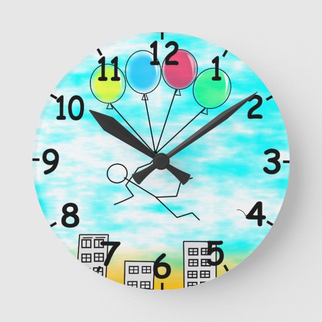 Reloj Redondo Mediano Volando Sobre La Ciudad Con Globos (Anverso)