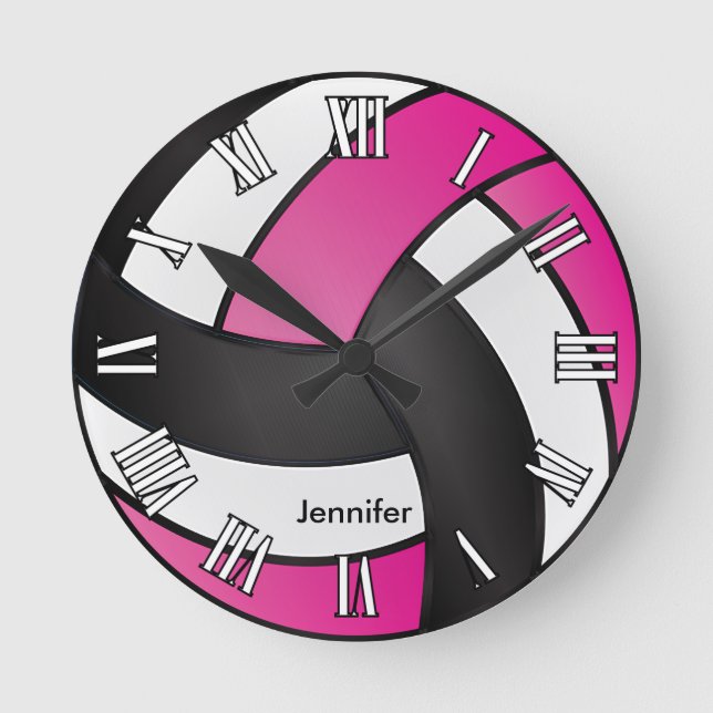 Reloj Redondo Mediano Voleibol | Rosa caliente, negro y blanco (Anverso)