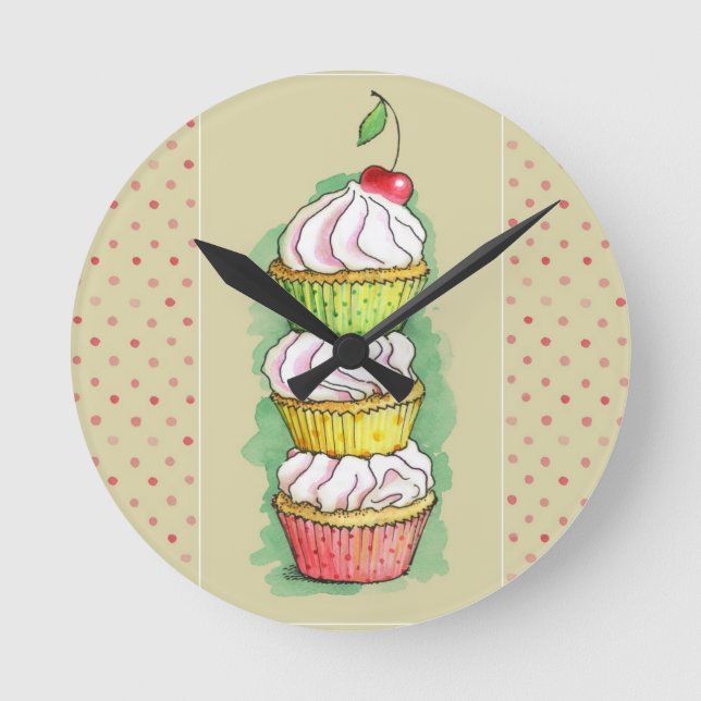 Reloj Redondo Mediano Watercolor cupcakes. Kitchen illustration. (Anverso)