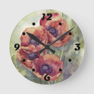 Reloj Redondo Mediano Watercolor flowers red poppy illustration flowers