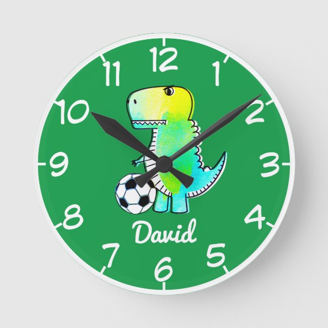 Reloj Redondo Mediano Watercolor Green Dinosaur With Custom Name  (Anverso)