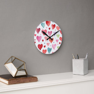Reloj Redondo Mediano Watercolor Moderno Rojo Pink Blue Heart Pattern