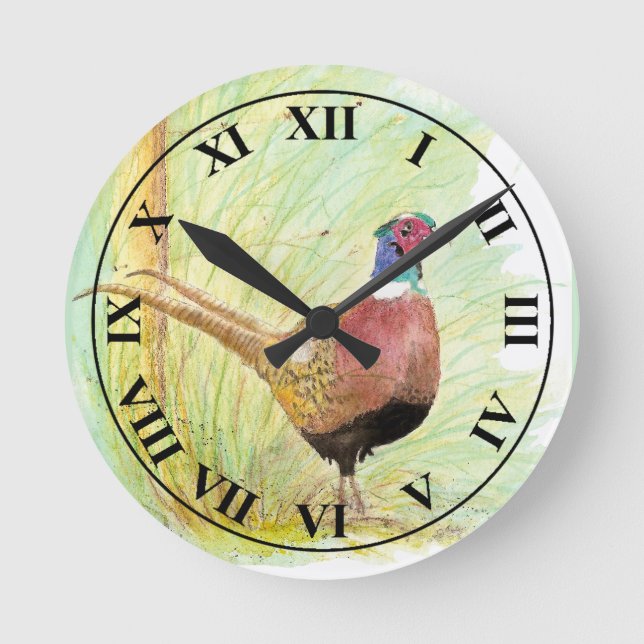 Reloj Redondo Mediano Watercolor Ring-Necked Pheasant Game Bird (Anverso)