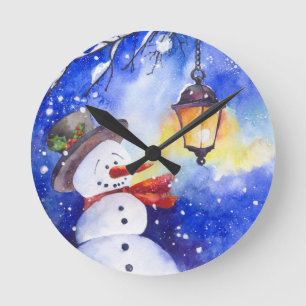 Reloj Redondo Mediano Watercolor snowman Merry Christmas New Year night