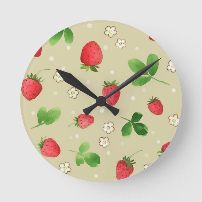 Reloj Redondo Mediano Watercolor strawberries pattern (Anverso)