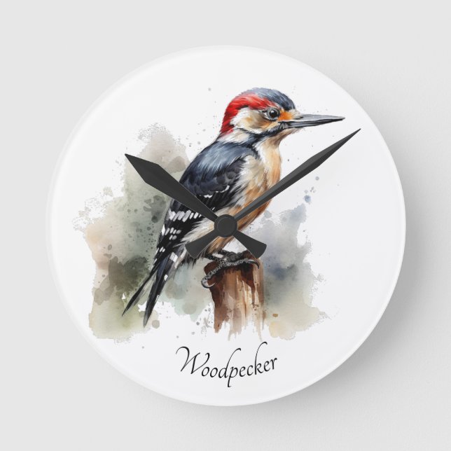 Reloj Redondo Mediano Watercolor Woodpecker Woodland, personalizado (Anverso)