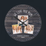 Reloj Redondo Mediano We Love You MOM Cute Modern Photo Collage  Round C<br><div class="desc">Modern 3 photo collage clock with a customizable message now reading WE LOVE YOU MOM, with 3 frames favorite pictures underneath on a rustic farmhouse style (printed) extra dark wood background. Make it your own by adding your names and year below. Unique and personal keepsake gift for the best mom...</div>