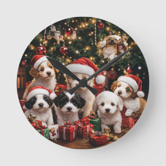 Reloj Redondo Mediano Weihnachtliche Welpen unter dem Weihnachtsbaum