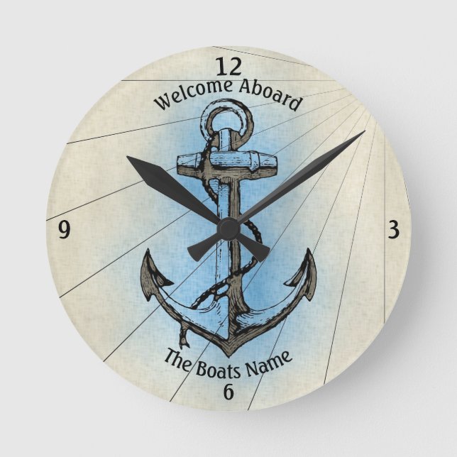 Reloj Redondo Mediano Welcome Aboard Your Boat's Name Anchor  (Anverso)