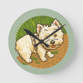 Reloj Redondo Mediano Westie feliz en el sendero natural