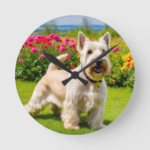 Reloj Redondo Mediano Wheaten Scottish Terrier jugando en Flowers Grass
