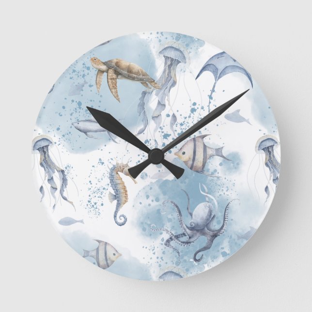 Reloj Redondo Mediano Whimsical Underwater World – Sea Creatures Pattern (Anverso)
